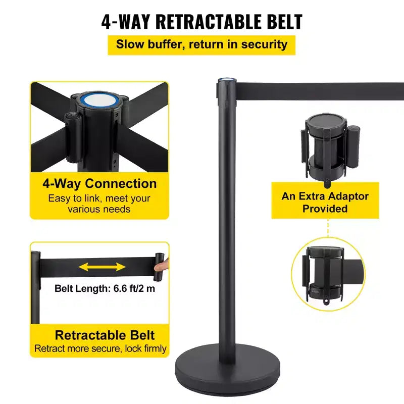 Poteaux de guidage VEVOR, ensemble de 6 poteaux, ensemble de poteaux avec ceinture noire rétractable de 2 m, barrière de guidage noire, noir