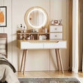 Okak Modern Makeup Vanity with Solid Wood Legs, Vanity Desk with 4 Drawers and 3 Open Shelves, Makeup Desk with Mirror for Small Space, White+Oak