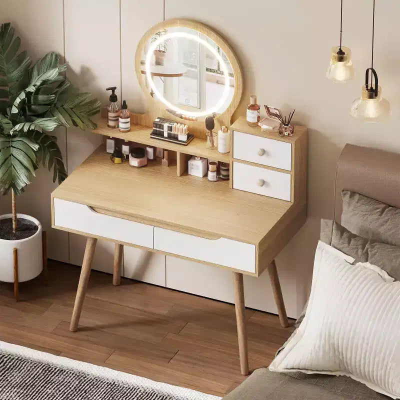 Coiffeuse moderne Okak avec pieds en bois massif, coiffeuse avec 4 tiroirs et 3 étagères ouvertes, coiffeuse avec miroir pour petit espace, blanc + chêne