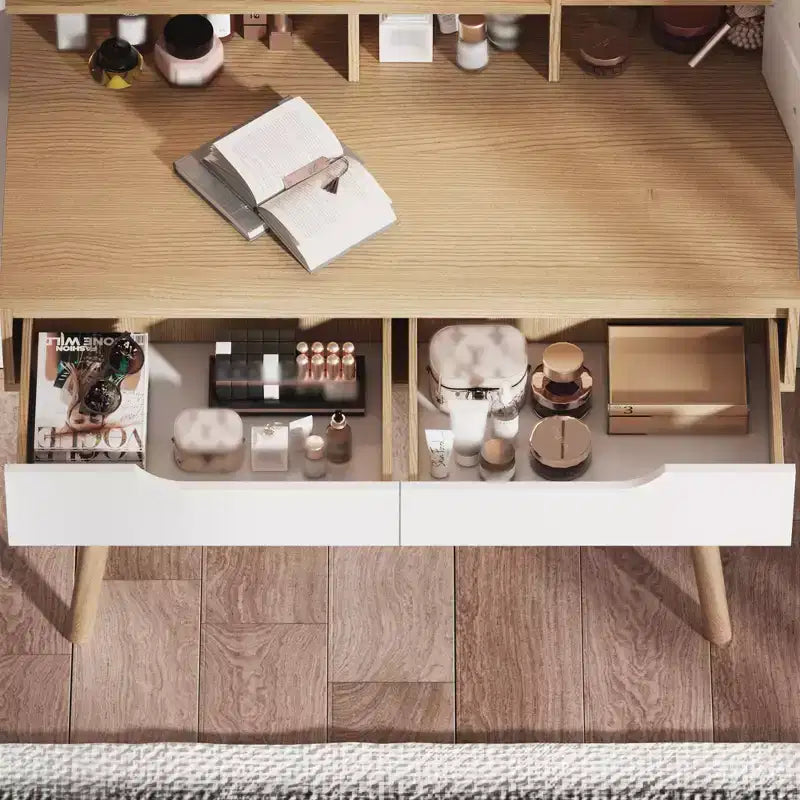 Coiffeuse moderne Okak avec pieds en bois massif, coiffeuse avec 4 tiroirs et 3 étagères ouvertes, coiffeuse avec miroir pour petit espace, blanc + chêne