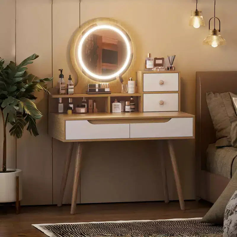 Coiffeuse moderne Okak avec pieds en bois massif, coiffeuse avec 4 tiroirs et 3 étagères ouvertes, coiffeuse avec miroir pour petit espace, blanc + chêne