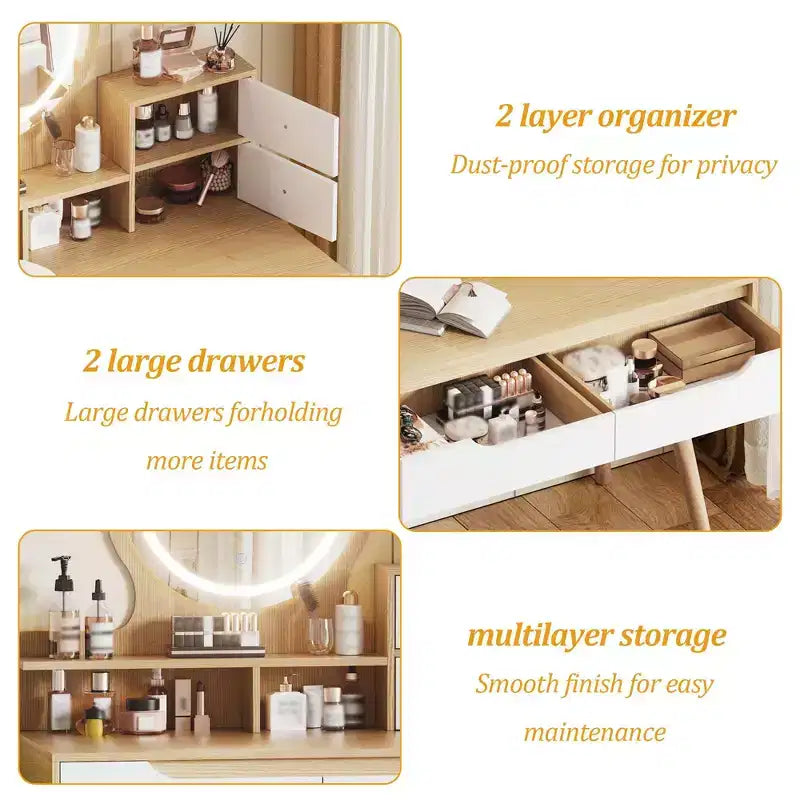 Coiffeuse moderne Okak avec pieds en bois massif, coiffeuse avec 4 tiroirs et 3 étagères ouvertes, coiffeuse avec miroir pour petit espace, blanc + chêne