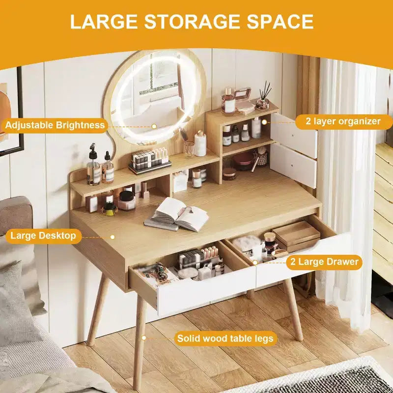 Coiffeuse moderne Okak avec pieds en bois massif, coiffeuse avec 4 tiroirs et 3 étagères ouvertes, coiffeuse avec miroir pour petit espace, blanc + chêne