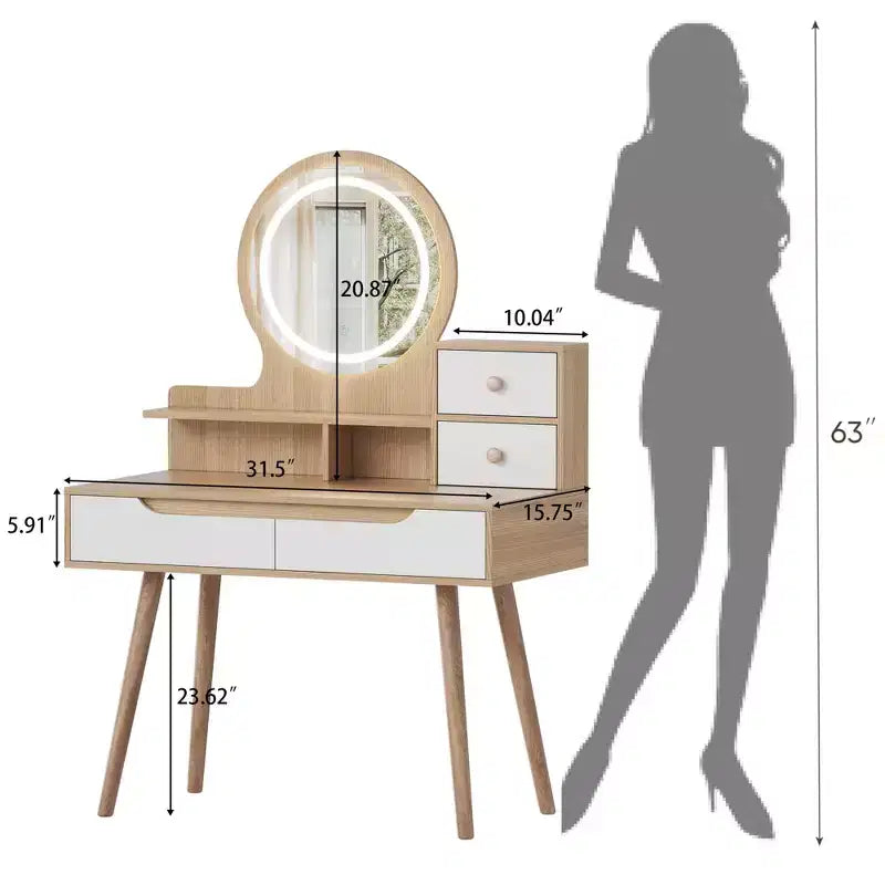 Coiffeuse moderne Okak avec pieds en bois massif, coiffeuse avec 4 tiroirs et 3 étagères ouvertes, coiffeuse avec miroir pour petit espace, blanc + chêne