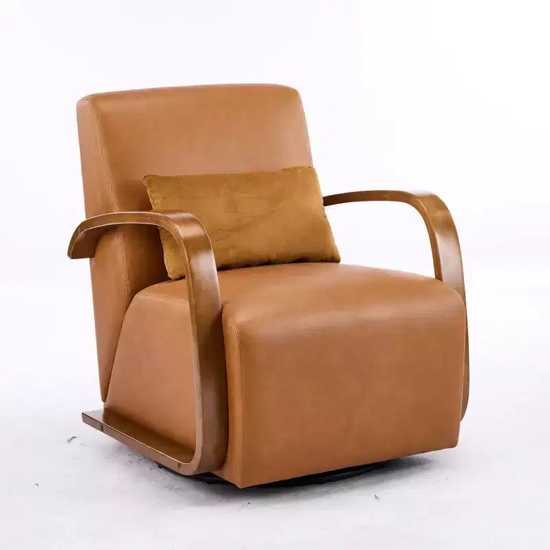 Fauteuil pivotant 360° d'appoint en similicuir de luxe marron vintage Zeus & Ruta avec accoudoirs incurvés en bois massif