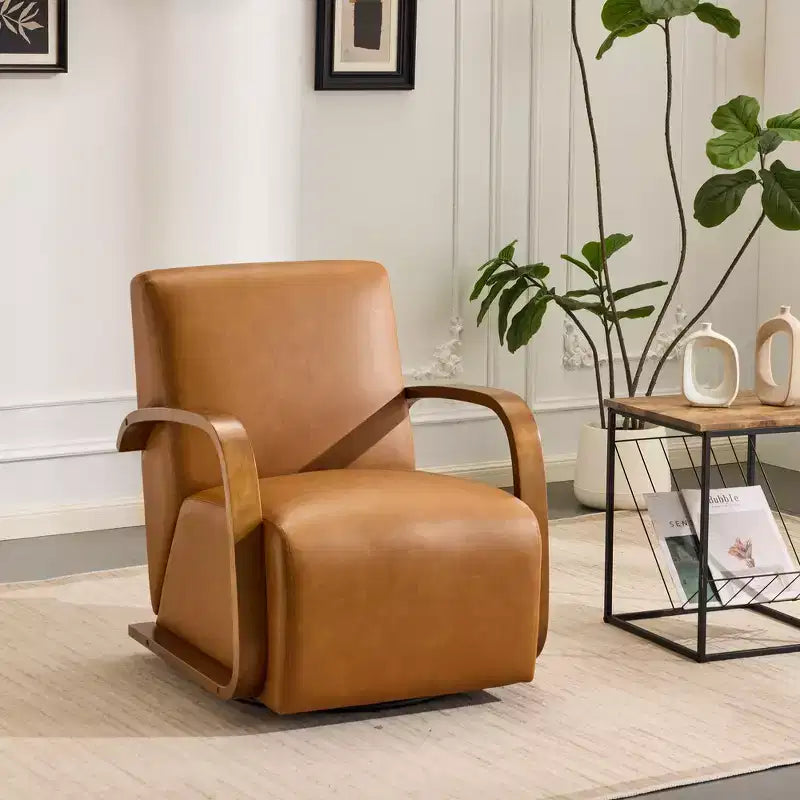 Fauteuil pivotant 360° d'appoint en similicuir de luxe marron vintage Zeus & Ruta avec accoudoirs incurvés en bois massif