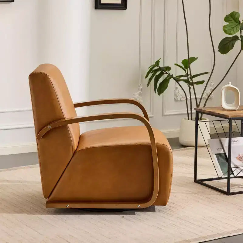 Fauteuil pivotant 360° d'appoint en similicuir de luxe marron vintage Zeus & Ruta avec accoudoirs incurvés en bois massif