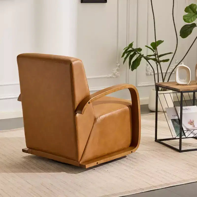 Fauteuil pivotant 360° d'appoint en similicuir de luxe marron vintage Zeus & Ruta avec accoudoirs incurvés en bois massif
