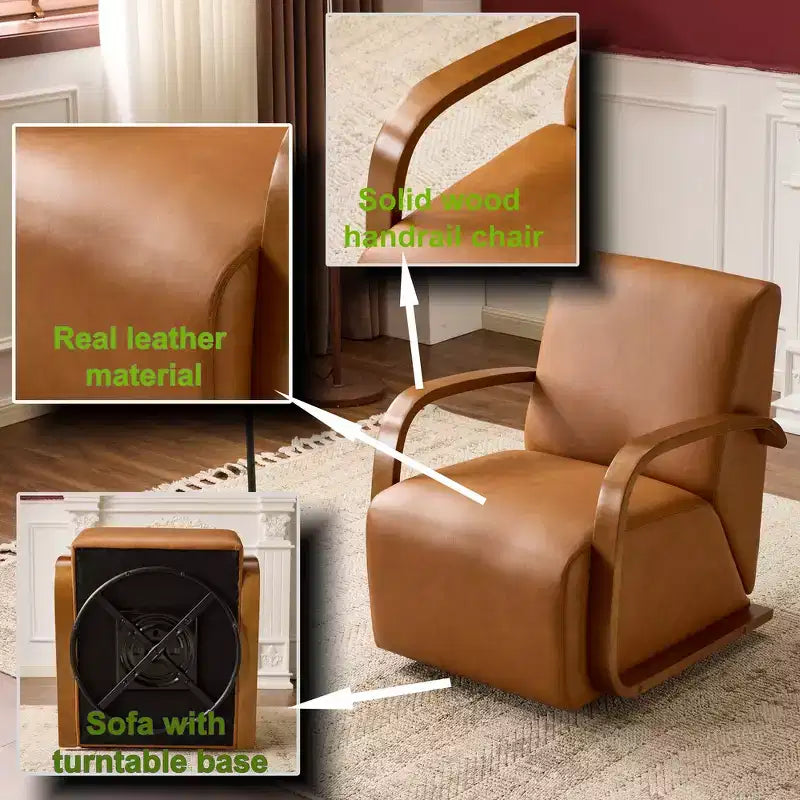 Fauteuil pivotant 360° d'appoint en similicuir de luxe marron vintage Zeus & Ruta avec accoudoirs incurvés en bois massif