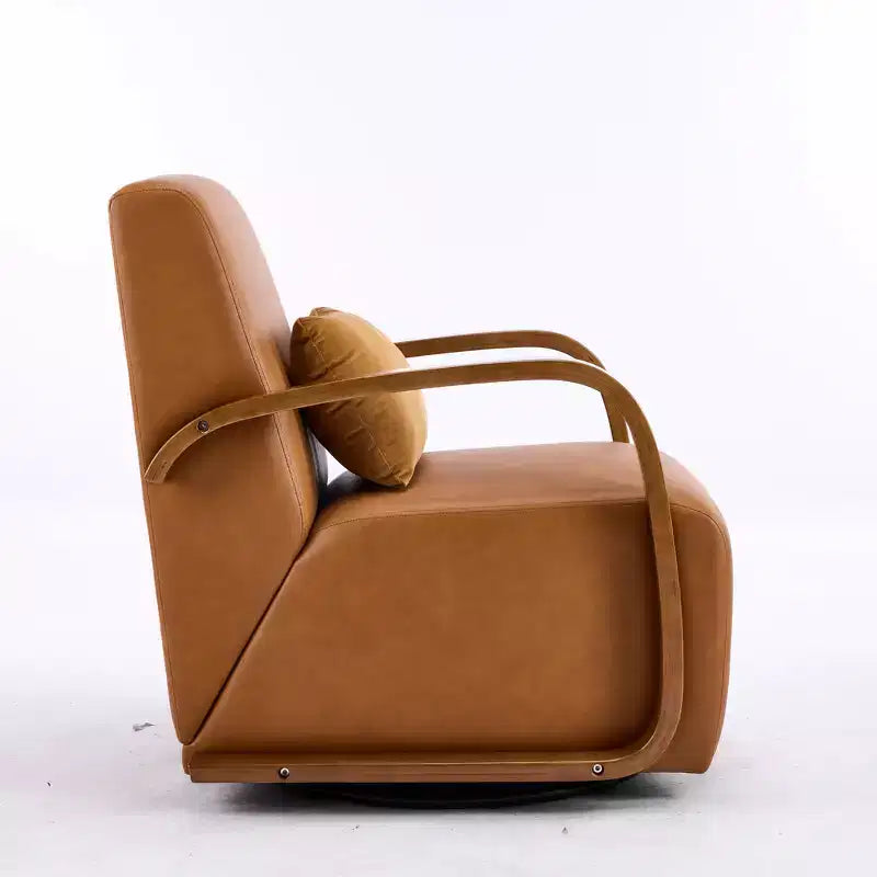 Fauteuil pivotant 360° d'appoint en similicuir de luxe marron vintage Zeus & Ruta avec accoudoirs incurvés en bois massif