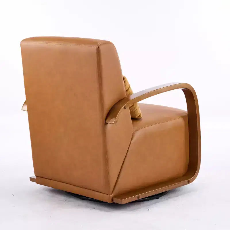 Fauteuil pivotant 360° d'appoint en similicuir de luxe marron vintage Zeus & Ruta avec accoudoirs incurvés en bois massif