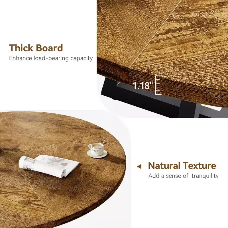 Table à manger ronde pour 4 personnes, Table de cuisine de 119 cm, Table à dîner circulaire moderne avec piètement en métal, Table de petit-déjeuner en bois pour salle à manger