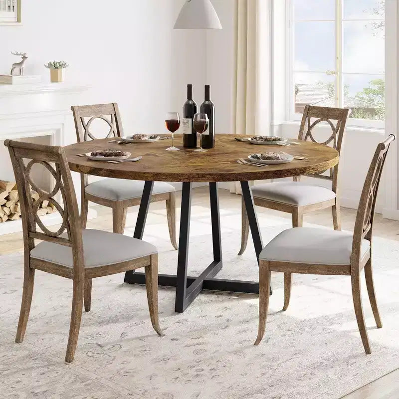 Table à manger ronde pour 4 personnes, Table de cuisine de 119 cm, Table à dîner circulaire moderne avec piètement en métal, Table de petit-déjeuner en bois pour salle à manger