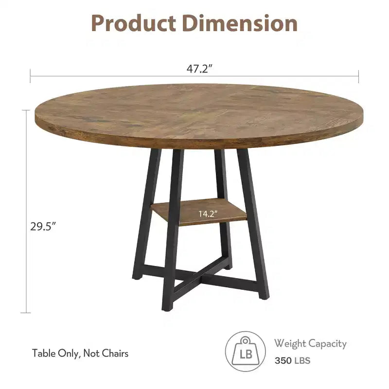 Table à manger ronde pour 4 personnes, Table de cuisine de 119 cm, Table à dîner circulaire moderne avec piètement en métal, Table de petit-déjeuner en bois pour salle à manger