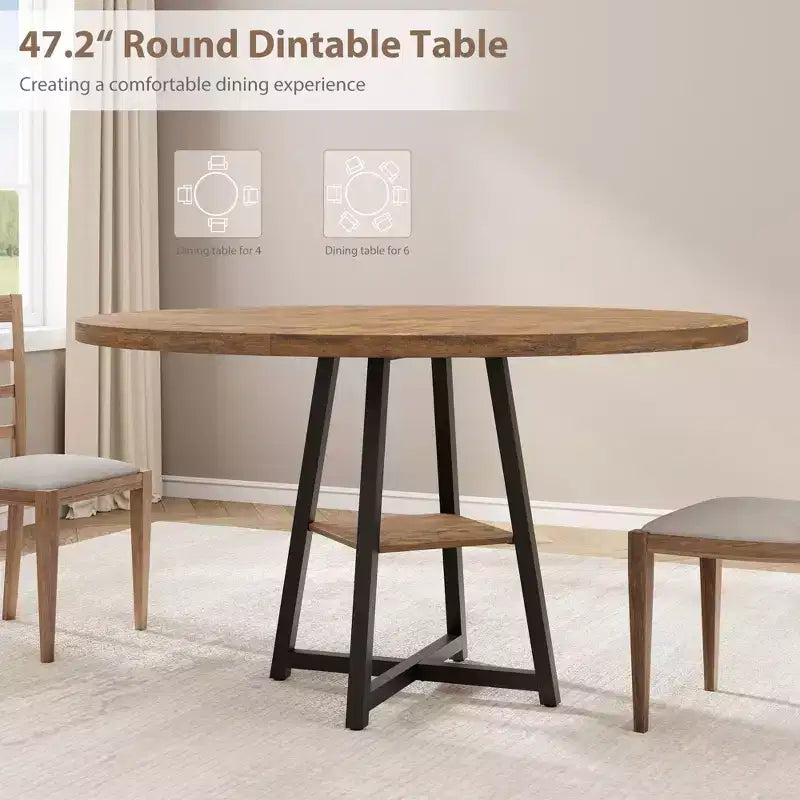 Table à manger ronde pour 4 personnes, Table de cuisine de 119 cm, Table à dîner circulaire moderne avec piètement en métal, Table de petit-déjeuner en bois pour salle à manger