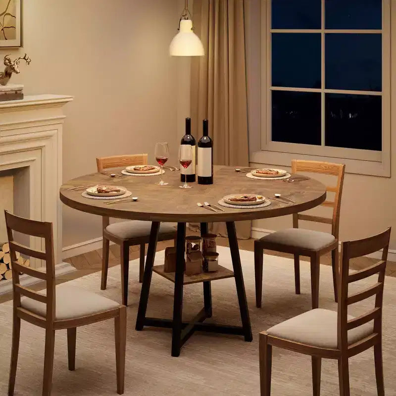 Table à manger ronde pour 4 personnes, Table de cuisine de 119 cm, Table à dîner circulaire moderne avec piètement en métal, Table de petit-déjeuner en bois pour salle à manger