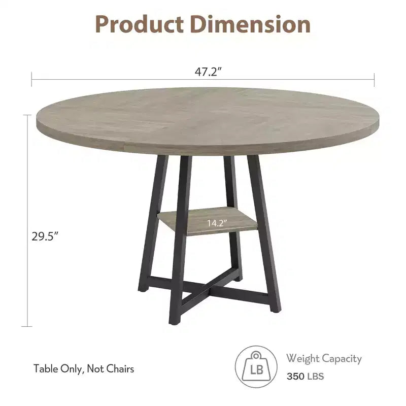 Table à manger ronde pour 4 personnes, Table de cuisine de 119 cm, Table à dîner circulaire moderne avec piètement en métal, Table de petit-déjeuner en bois pour salle à manger