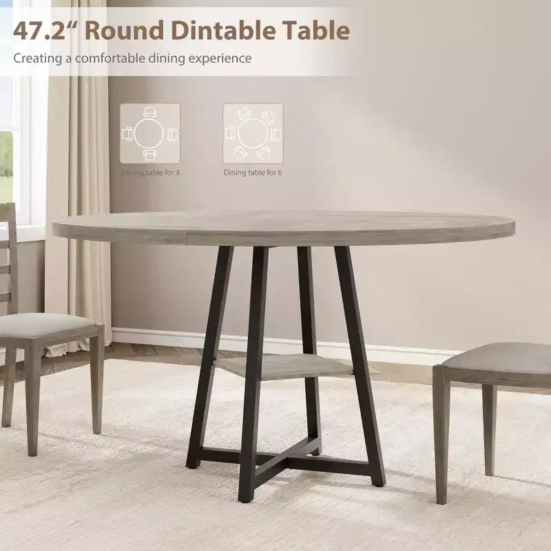 Table à manger ronde pour 4 personnes, Table de cuisine de 119 cm, Table à dîner circulaire moderne avec piètement en métal, Table de petit-déjeuner en bois pour salle à manger
