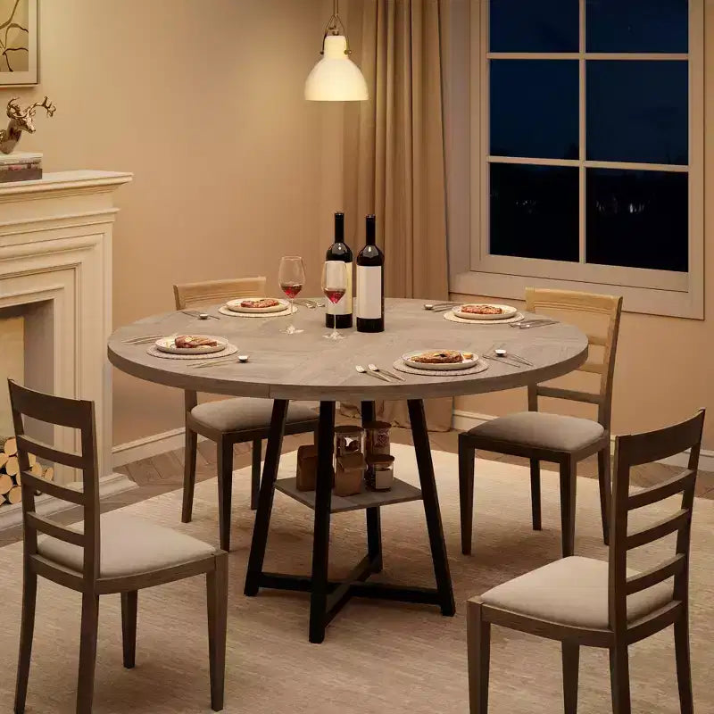 Table à manger ronde pour 4 personnes, Table de cuisine de 119 cm, Table à dîner circulaire moderne avec piètement en métal, Table de petit-déjeuner en bois pour salle à manger