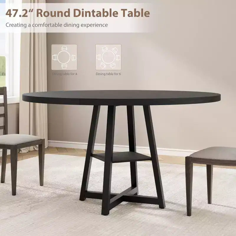 Table à manger ronde pour 4 personnes, Table de cuisine de 119 cm, Table à dîner circulaire moderne avec piètement en métal, Table de petit-déjeuner en bois pour salle à manger