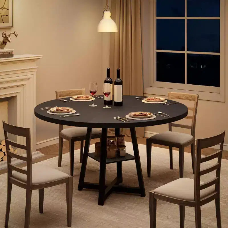 Table à manger ronde pour 4 personnes, Table de cuisine de 119 cm, Table à dîner circulaire moderne avec piètement en métal, Table de petit-déjeuner en bois pour salle à manger