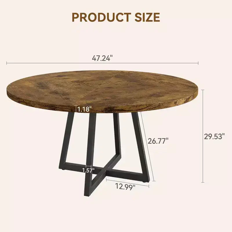 Table à manger ronde pour 4 personnes, Table de cuisine de 119 cm, Table à dîner circulaire moderne avec piètement en métal, Table de petit-déjeuner en bois pour salle à manger
