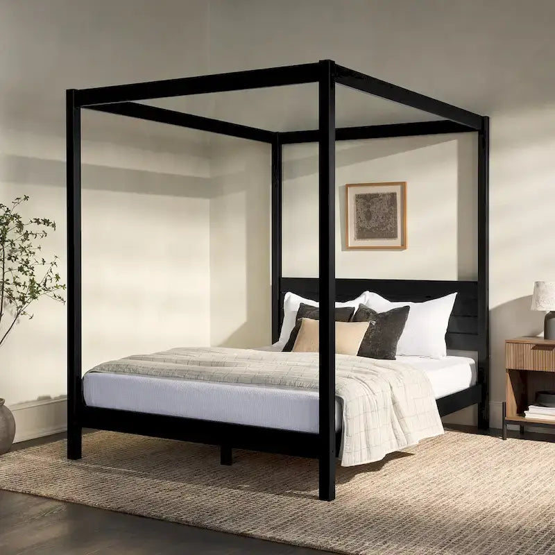Lit baldaquin Queen minimaliste, noir / pin naturel – Pour 1