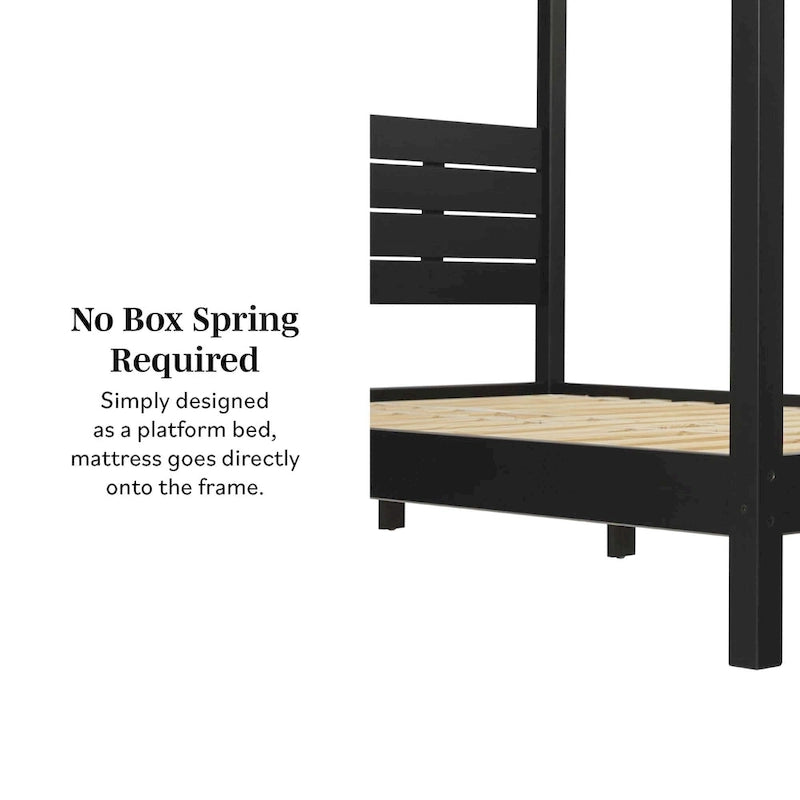 Lit baldaquin Queen minimaliste, noir / pin naturel – Pour 1