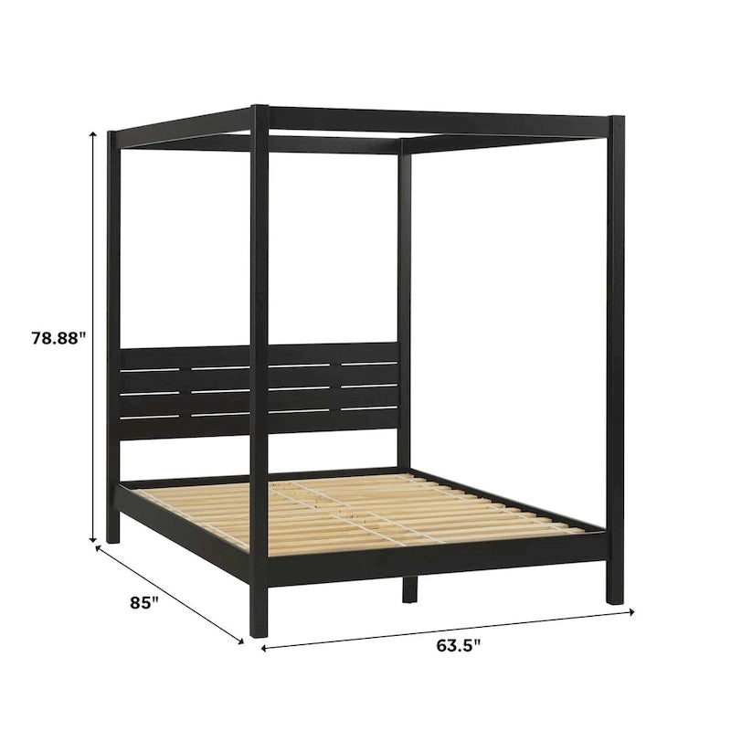 Lit baldaquin Queen minimaliste, noir / pin naturel – Pour 1