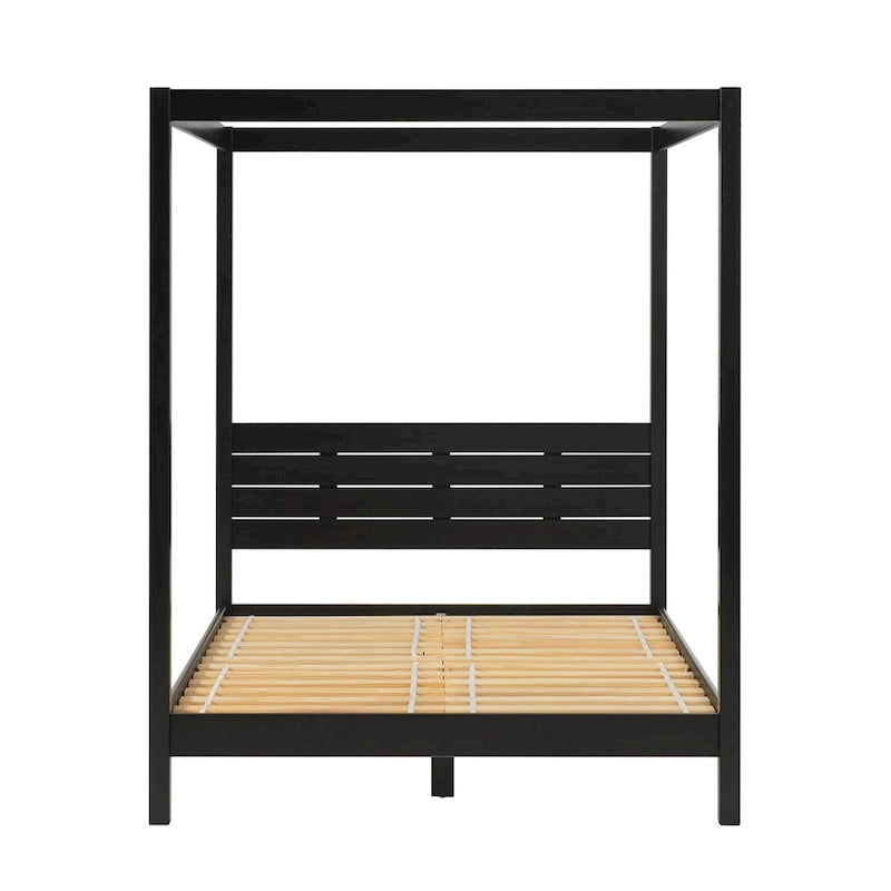 Lit baldaquin Queen minimaliste, noir / pin naturel – Pour 1