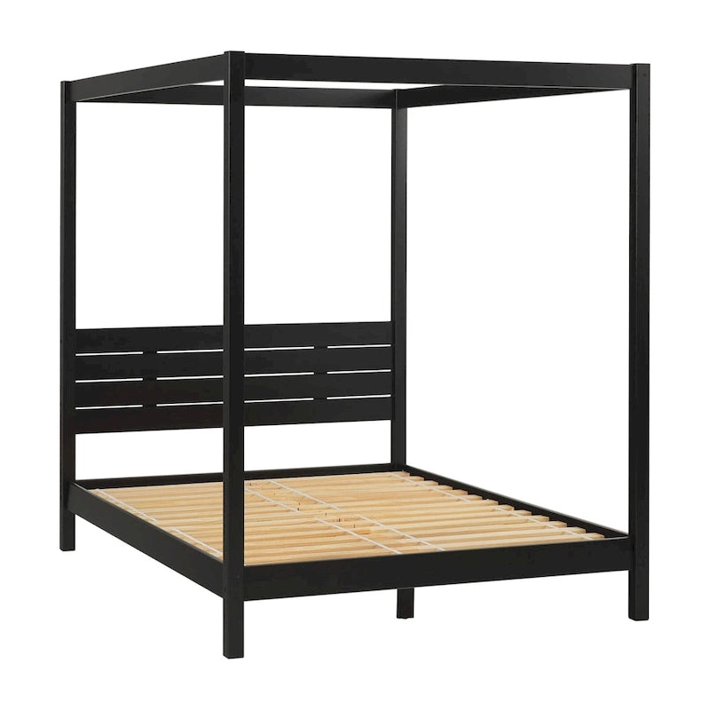 Lit baldaquin Queen minimaliste, noir / pin naturel – Pour 1