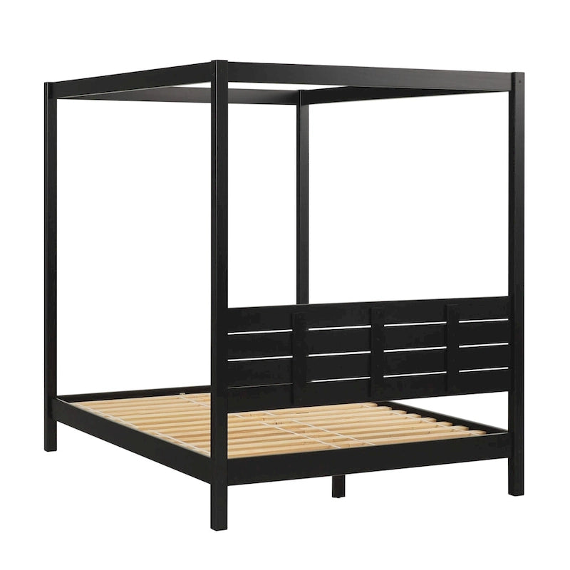 Lit baldaquin Queen minimaliste, noir / pin naturel – Pour 1