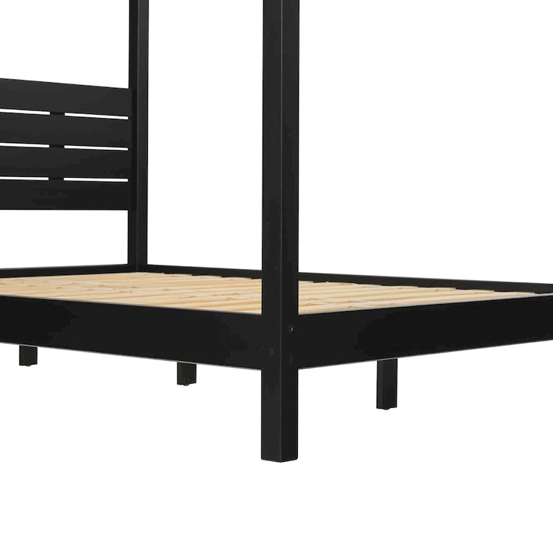 Lit baldaquin Queen minimaliste, noir / pin naturel – Pour 1