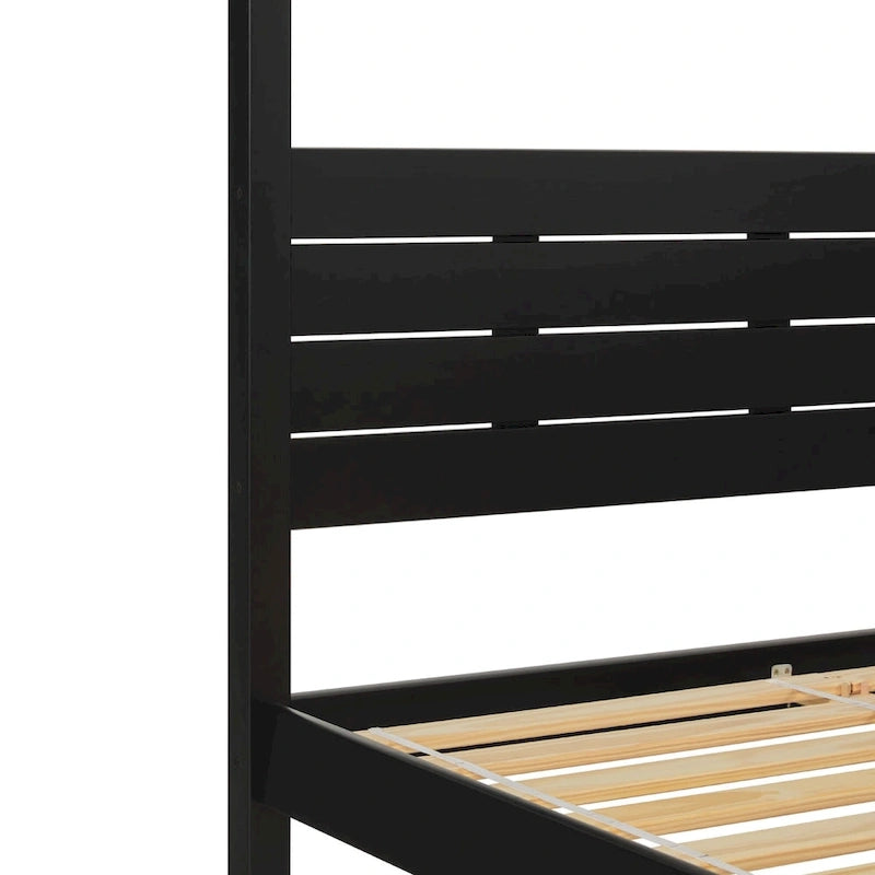 Lit baldaquin Queen minimaliste, noir / pin naturel – Pour 1