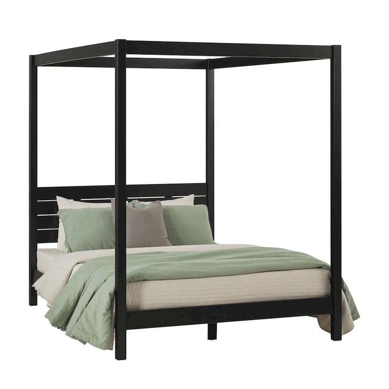 Lit baldaquin Queen minimaliste, noir / pin naturel – Pour 1