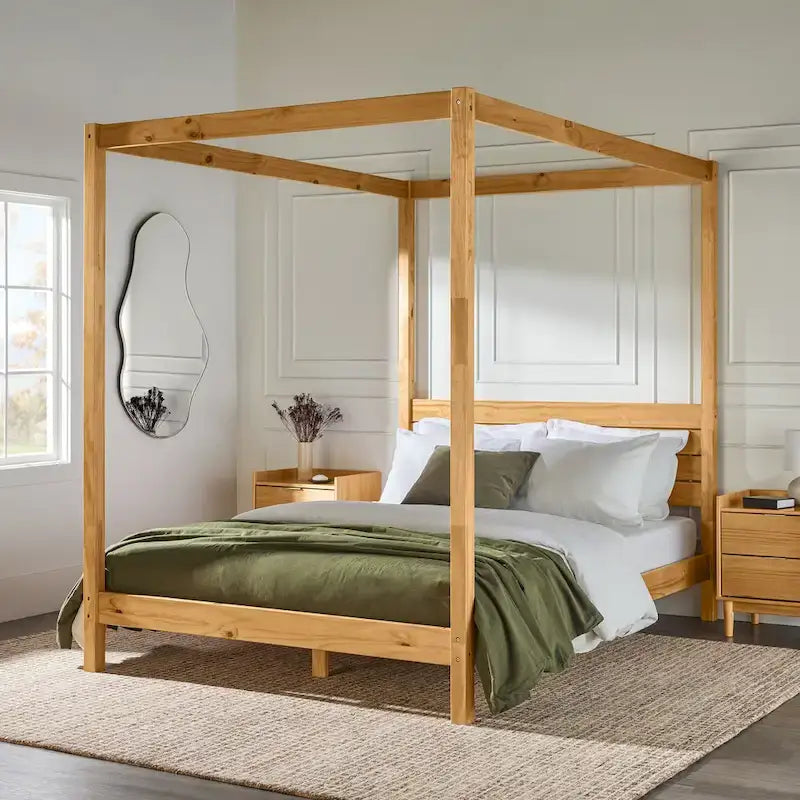 Lit baldaquin Queen minimaliste, noir / pin naturel – Pour 1