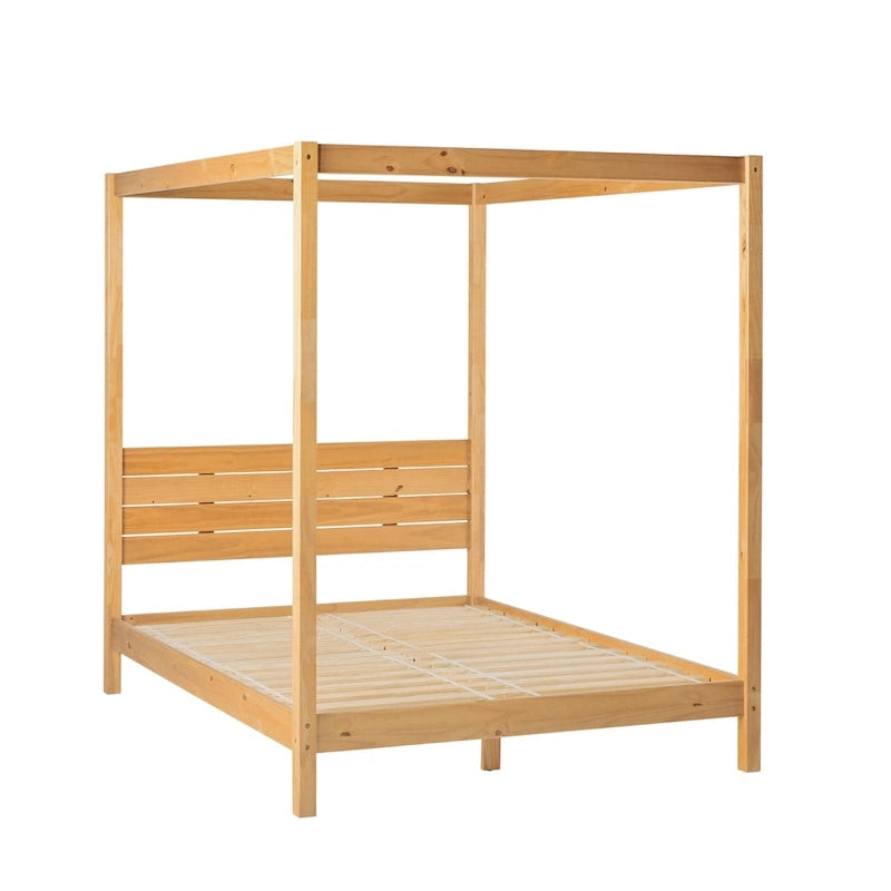 Lit baldaquin Queen minimaliste, noir / pin naturel – Pour 1