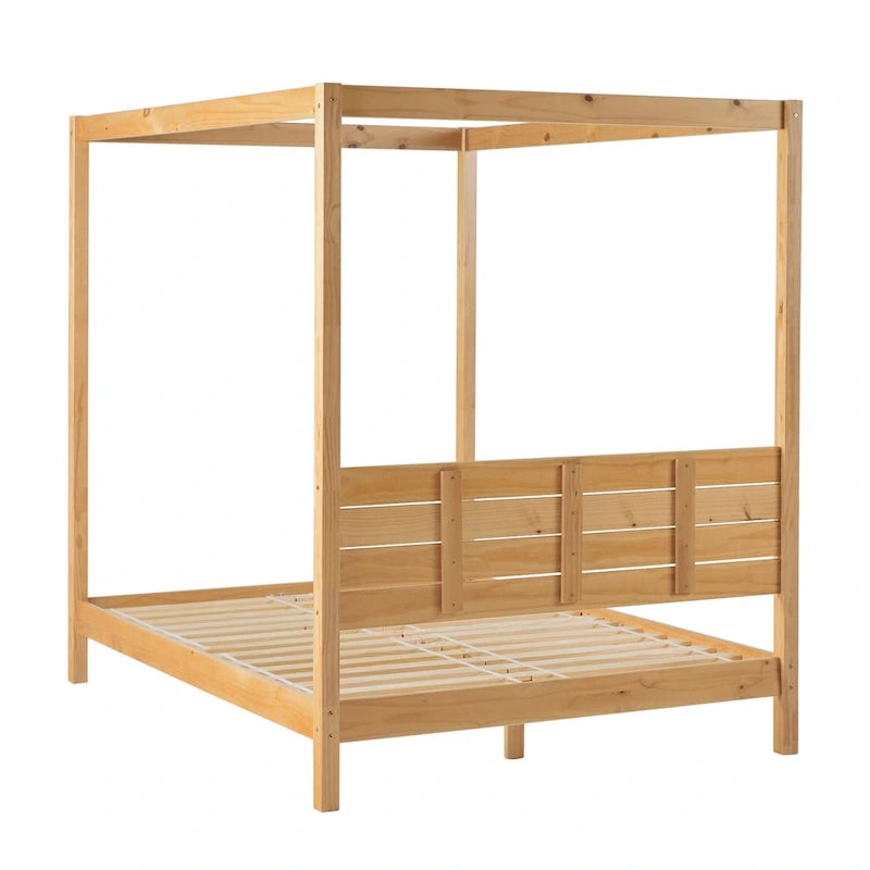 Lit baldaquin Queen minimaliste, noir / pin naturel – Pour 1