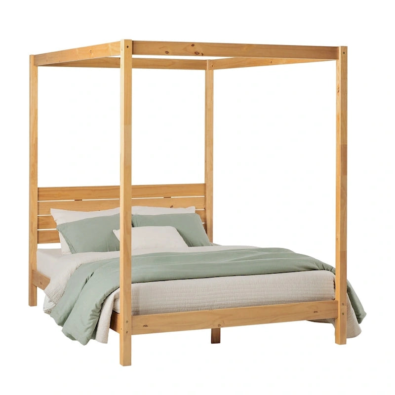 Lit baldaquin Queen minimaliste, noir / pin naturel – Pour 1