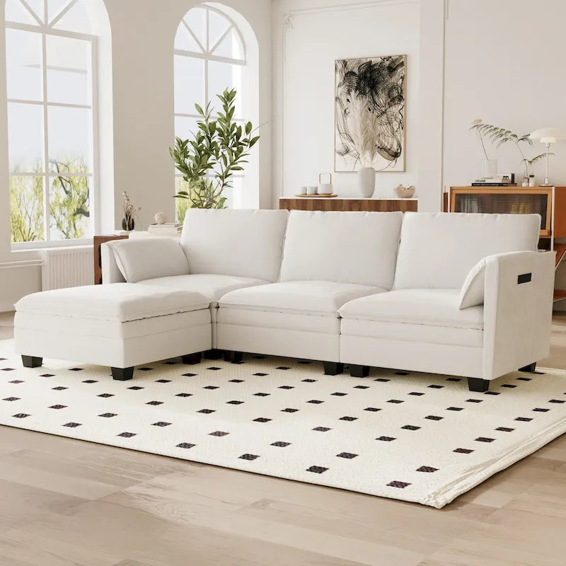Christopher Knight Home - Grand canapé d'angle 3 places Noah avec ottoman mobile et poches accoudoirs, revêtement en tissu
