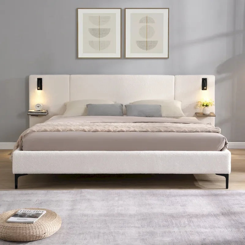Lit King en tissu bouclé blanc, avec lumières et étagères, pour 2 personnes