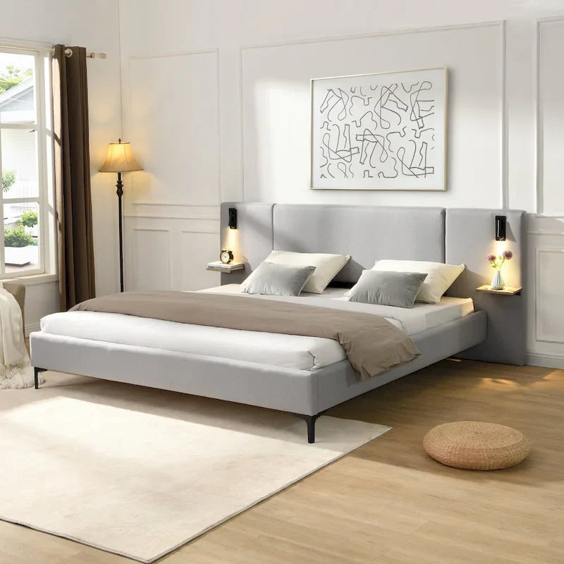 Lit King en tissu bouclé blanc, avec lumières et étagères, pour 2 personnes