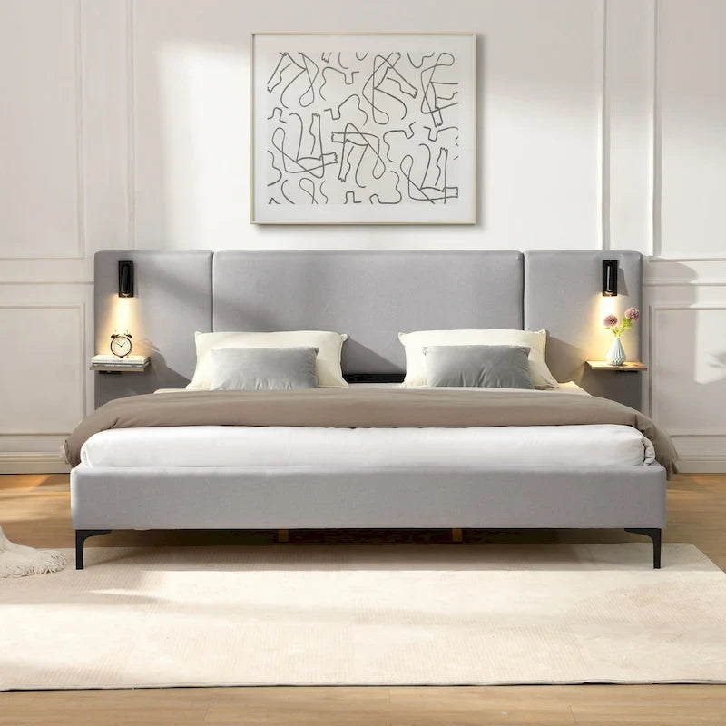 Lit King en tissu bouclé blanc, avec lumières et étagères, pour 2 personnes