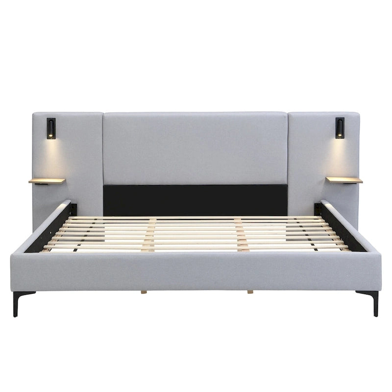 Lit King en tissu bouclé blanc, avec lumières et étagères, pour 2 personnes