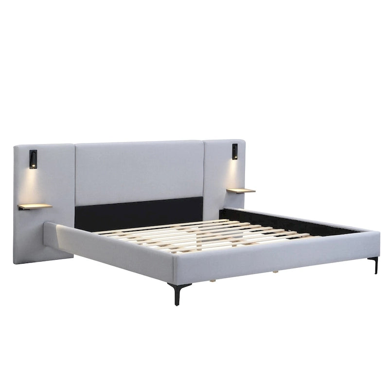 Lit King en tissu bouclé blanc, avec lumières et étagères, pour 2 personnes