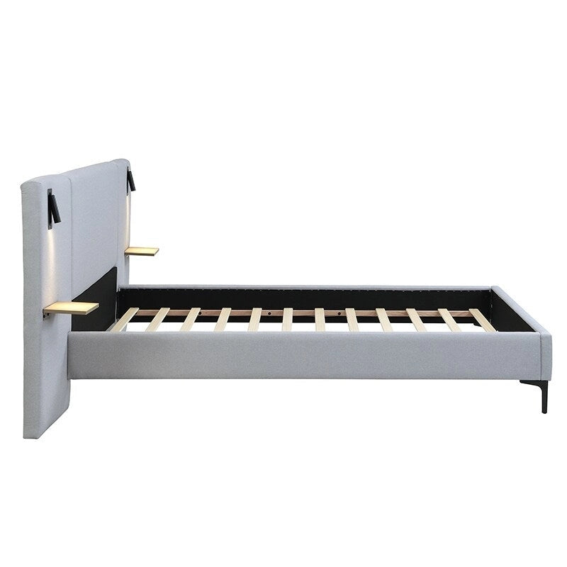 Lit King en tissu bouclé blanc, avec lumières et étagères, pour 2 personnes