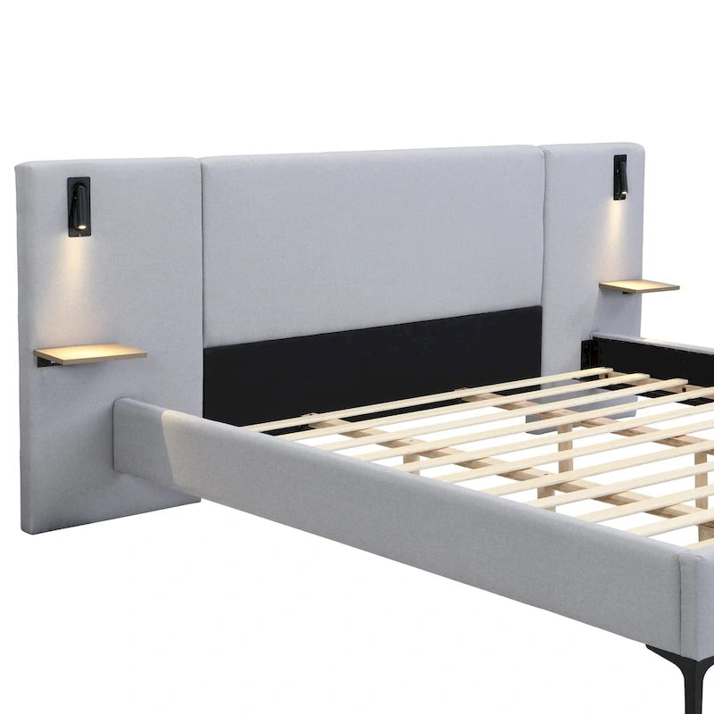 Lit King en tissu bouclé blanc, avec lumières et étagères, pour 2 personnes