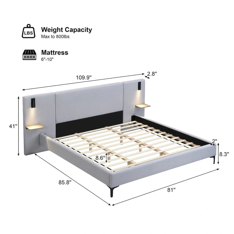 Lit King en tissu bouclé blanc, avec lumières et étagères, pour 2 personnes