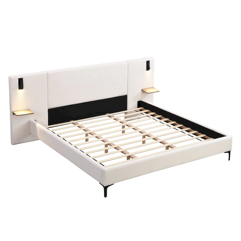 Lit King en tissu bouclé blanc, avec lumières et étagères, pour 2 personnes