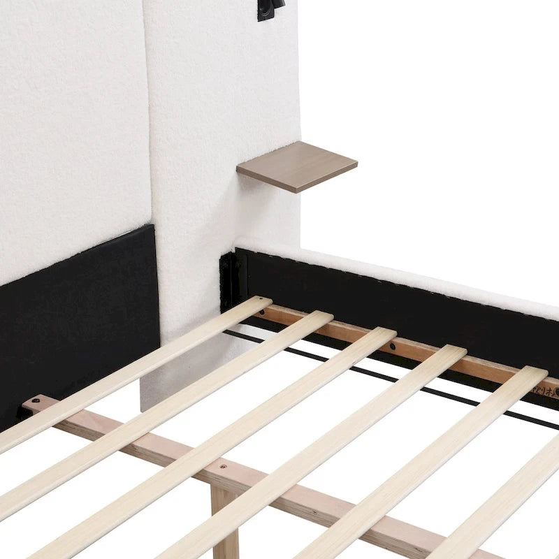 Lit King en tissu bouclé blanc, avec lumières et étagères, pour 2 personnes